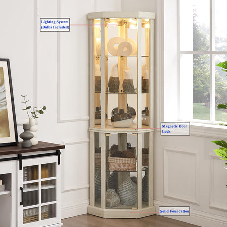 TRJQBCC 69" H Lighted Corner Display Cabinet, Curio Corner Glass Cabinet w/Adjustable Shelves & Glass Door, 5-Tier Wooden Storage Display Case w/Mirrored Back Pane for Living Room (Antique White) TRJQBCC