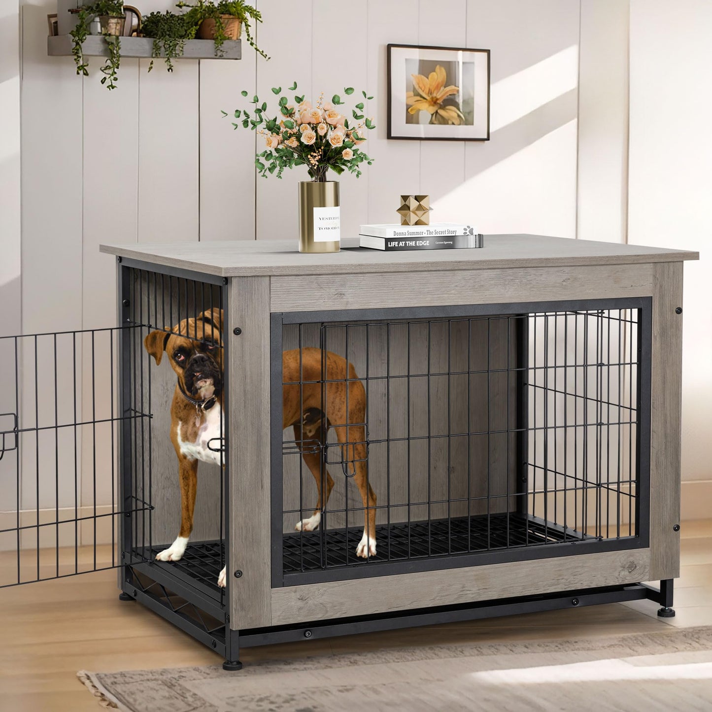 JY QAQA Dog Crate Furniture, Wooden Dog Crate Table, Double-Doors Dog Furniture, Indoor Dog Kennel, Dog House, Dog Cage/Grey/XL - WoodArtSupply