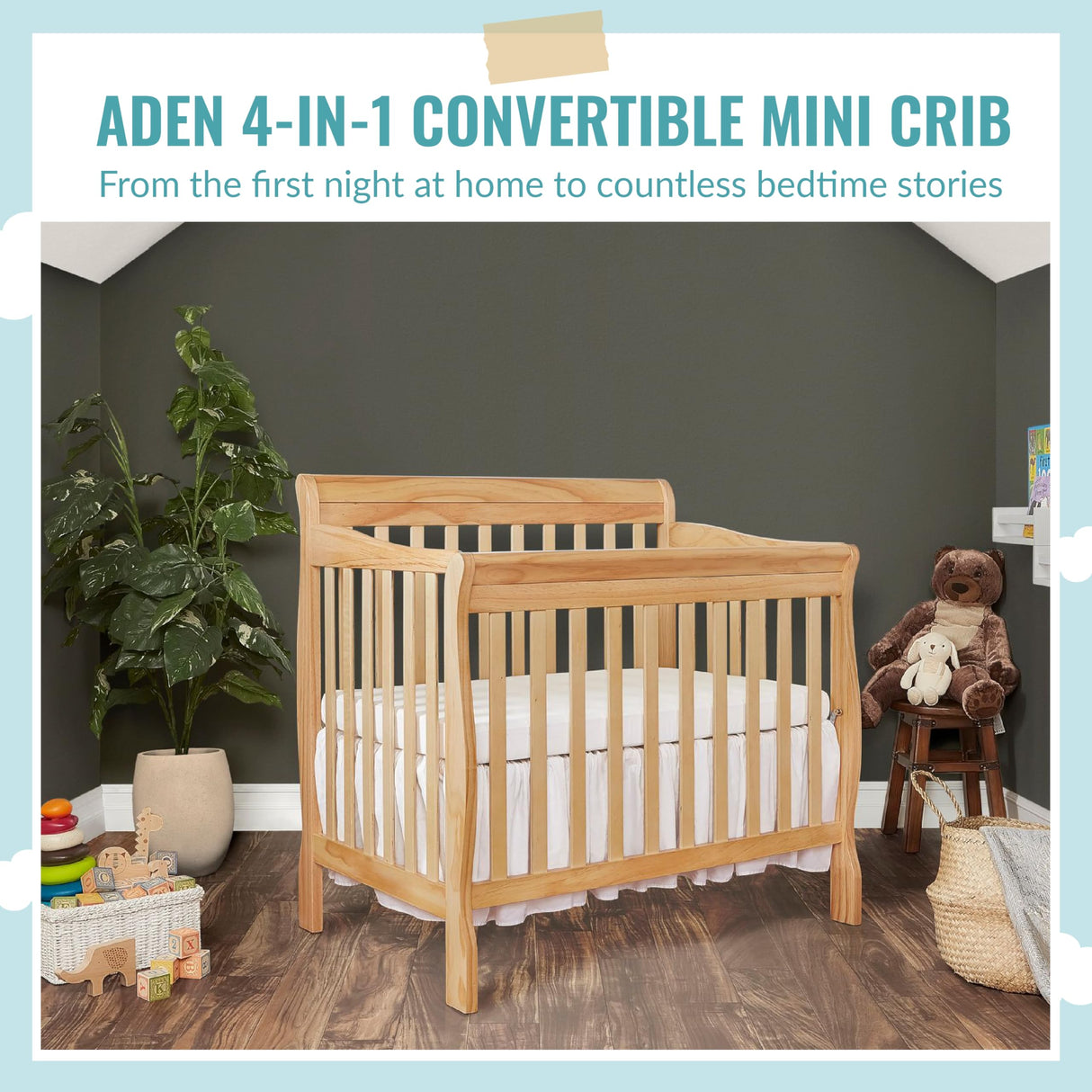 Dream On Me Aden 4-in-1 Convertible Mini Crib In Natural, Greenguard Gold Certified, Non-Toxic Finish, New Zealand Pinewood, With 3 Mattress Height Dream On Me