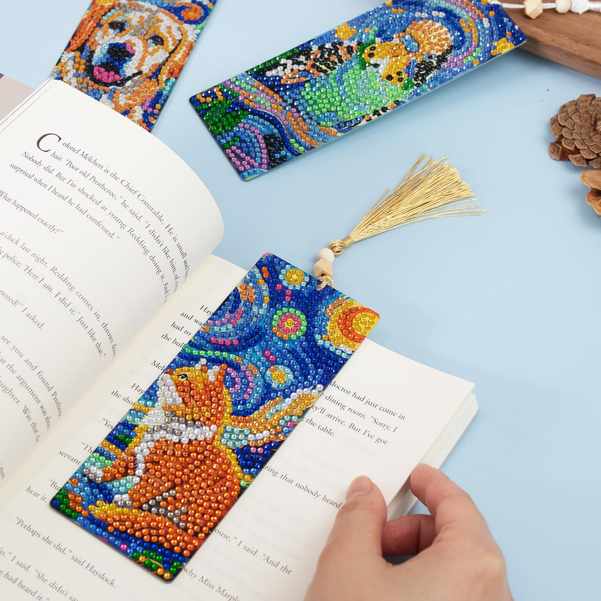 SWATOM 6 Pcs 5D Diamond Painting Bookmarks Starry Night & Animals Acrylic Diamond Art Bookmark with DIY Painting Kits Tassels & Wood Beads Pendant Rhinestone Bookmarks SWATOM