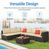 Yaheetech Patio Furniture Set, 7-Piece Outdoor/Indoor Rattan Wicker Sofa Set w/Glass-top Table & Cushions, All-weather Conversation Lounge Set for Porch/Yard/Poolside/Balcony - Brown/Khaki Yaheetech