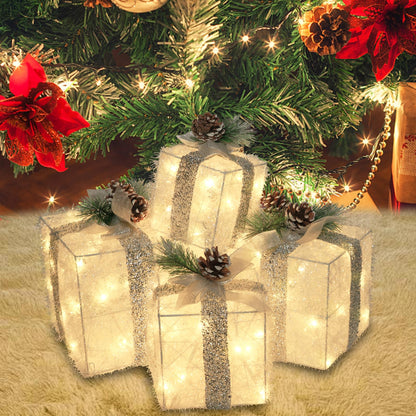 COVFEVER Set of 4 Christmas Lighted Gift Boxes, Pre-lit Lights Gift Boxes, Light up Present Boxes Set Battery Operated with Different Sizes for Holiday Indoor Outdoor Decorations