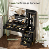 Chrangmay 47.24" Big Modern Vanity Desk with Mirror and Lights,Makeup Vanity Desk with 5 Drawers and Storage Shelves & Power Outlet,Dressing Table with Glass Top, Black Chrangmay