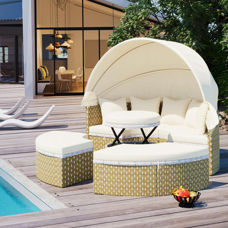 Ziraukon Patio Furniture Round Outdoor Sectional Sofa Set, Round Daybed Wicker Patio Furniture, Rattan Two-Tone Weave Sunbed with Retractable Canopy, Separate Seating and Removable Cushion, Beige Ziraukon