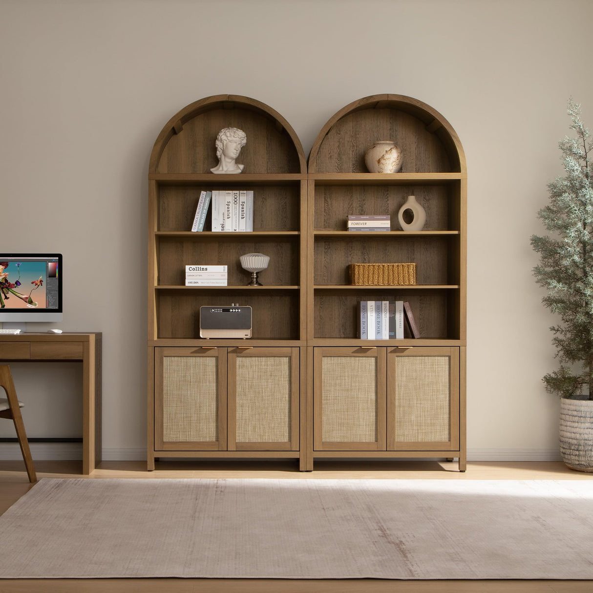 SICOTAS Book Shelf Arched Cabinet Bookshelf Arch 84.2" Tall Bookcase 5 Tier Large Bookshelves with Doors Storage Rattan Boho Wide Book Shelves Case for Living Room Kitchen Office Bedroom Library SICOTAS