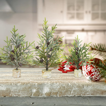 Winlyn Set of 3 Mini Frosted Artificial Pine Trees with Pinecones and Wood Bases Small Tabletop Christmas Trees for Rustic Farmhouse Christmas Winter Holiday Decorations Table Centerpiece Décor