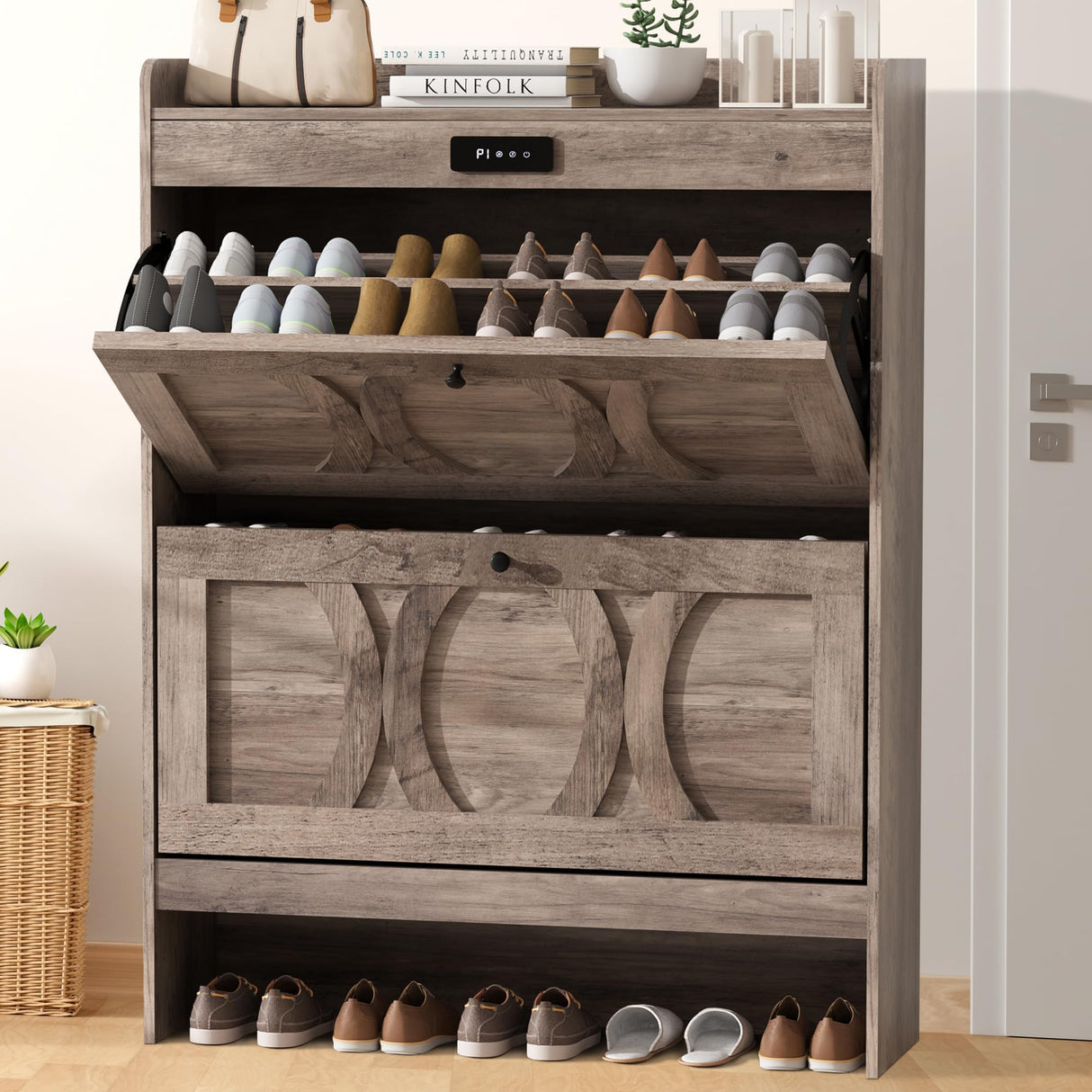 VFF Shoe Cabinet with 2 Flip Drawers, LED Touchscreen Shoe Storage Organizer with Wooden Legs, Narrow Freestanding Entryway Shoe Storage for Hallway and Bedroom (Rustic Brown) VFF