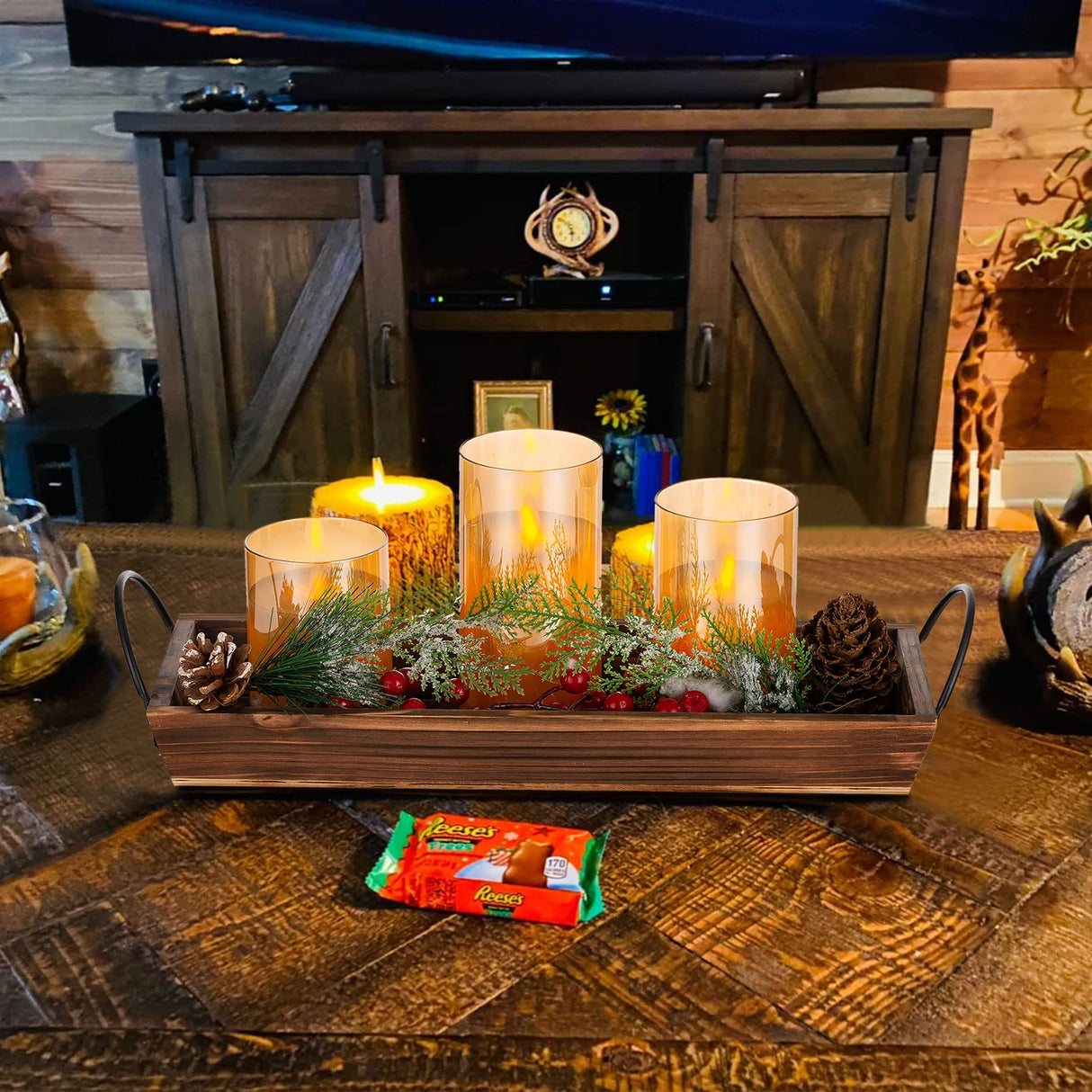 Long Narrow Wood Candle Tray: Hanobe Rustic Wooden Candle Holders Rectangular Table Centerpieces for Dining Room Farmhouse Pillar Stand with Handle Rectangle Tea Light Base Coffee Table Decor, Brown Hanobe