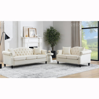 LyuHome 5-Seater Chesterfield Velvet Sofa Set,Tufted Sofa Couch Set with Rolled Arms and Nail Head for Living Room,Office,Apartment,Beige(3-Seater + 2-Seater)