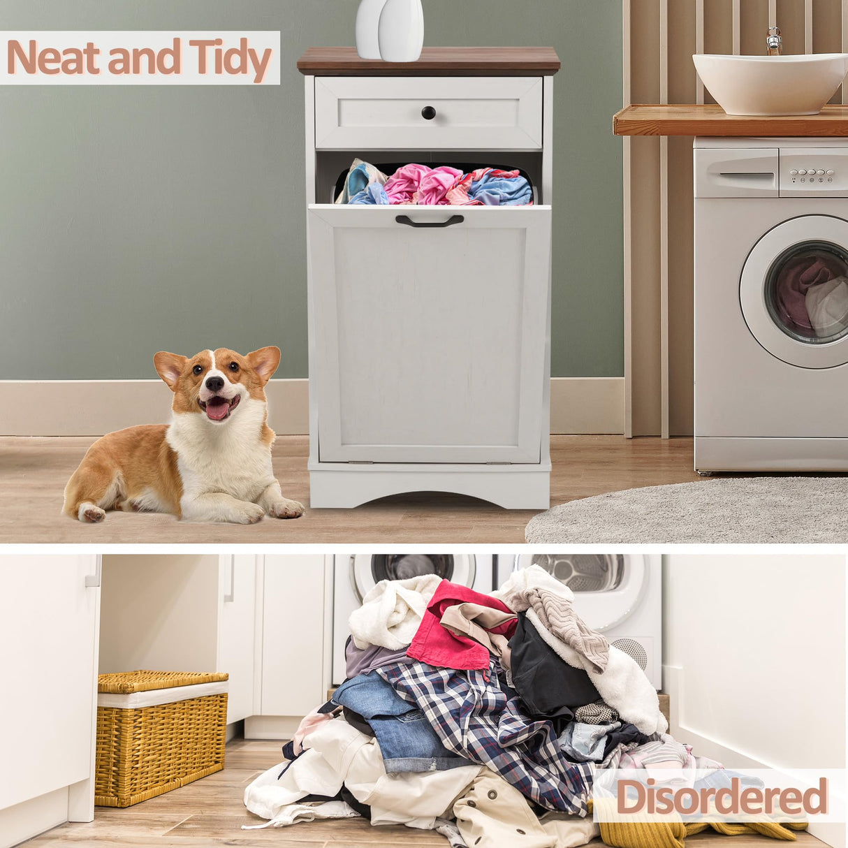 Spurgehom 13 Gallon Tilt Out Trash Cabinet Kitchen Waste Bins, Laundry Hamper Tilt Out Pet Proof Hidden Trash Bin for Kitchen Living Room,White Spurgehom