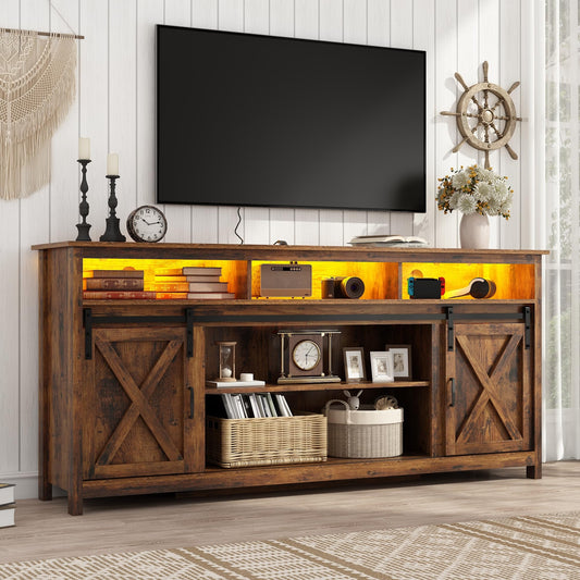 70in Wooden Farmhouse Entertainment Center for 80/75 inch TV,Double Layer Storage Farmhouse TV Stand,Double-Row Sockets with Wood Sliding Barn Door TV Stand(Double Layer Vintage Brown)