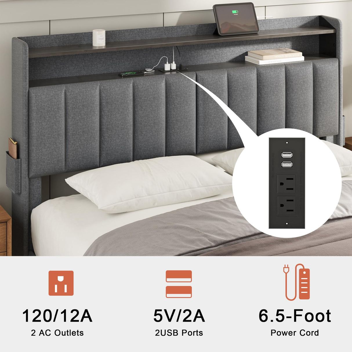 Modern Upholstered FYRENA Queen Bed Frame with Storage Headboard, LED Lights, USB Ports & Strong Wood Slats Support FYRENA