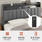 Modern Upholstered FYRENA Queen Bed Frame with Storage Headboard, LED Lights, USB Ports & Strong Wood Slats Support FYRENA