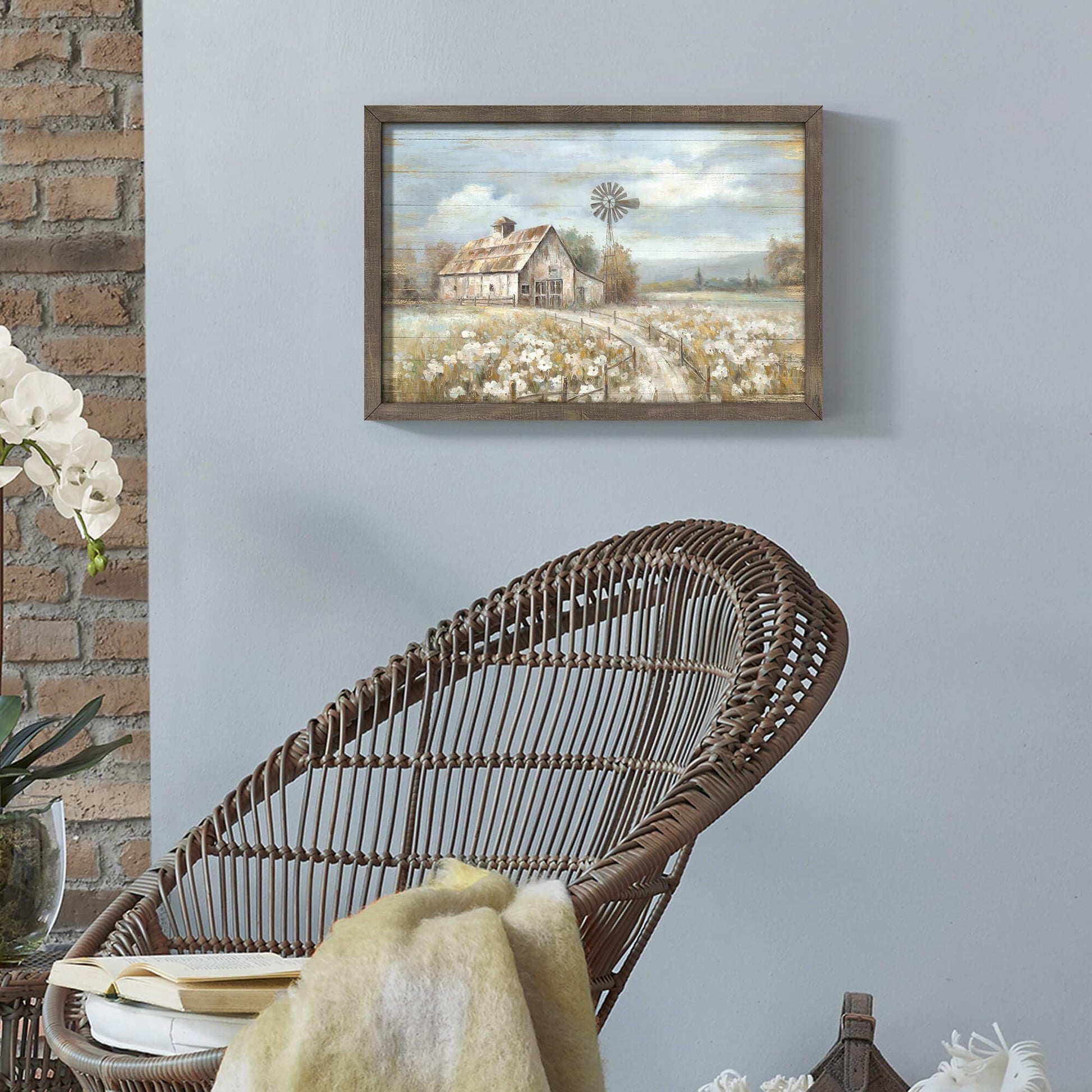 Barn Framed Wall Art Decor: Rustic Farmhouse Wooden Picture Country Windmill Meadow Landscape Painting Blue Sky and Wild Flowers Prints Artwork for Bedroom Kitchen 16'' x 11' - WoodArtSupply