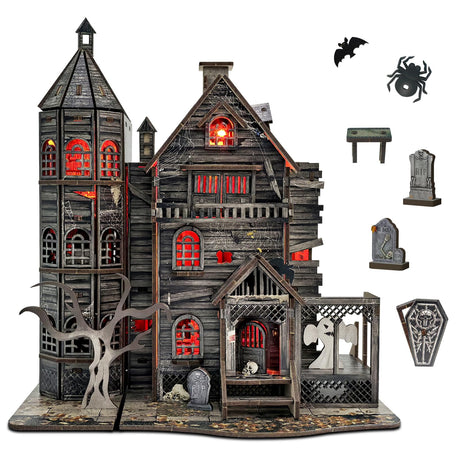 DIY Mini House Kit, Miniature Haunted House Kits with LED Accessories Furniture, 3D Wooden Puzzles for Adults, Dollhouse Craft Gifts for Girls, Boys, Teens Dibetoy