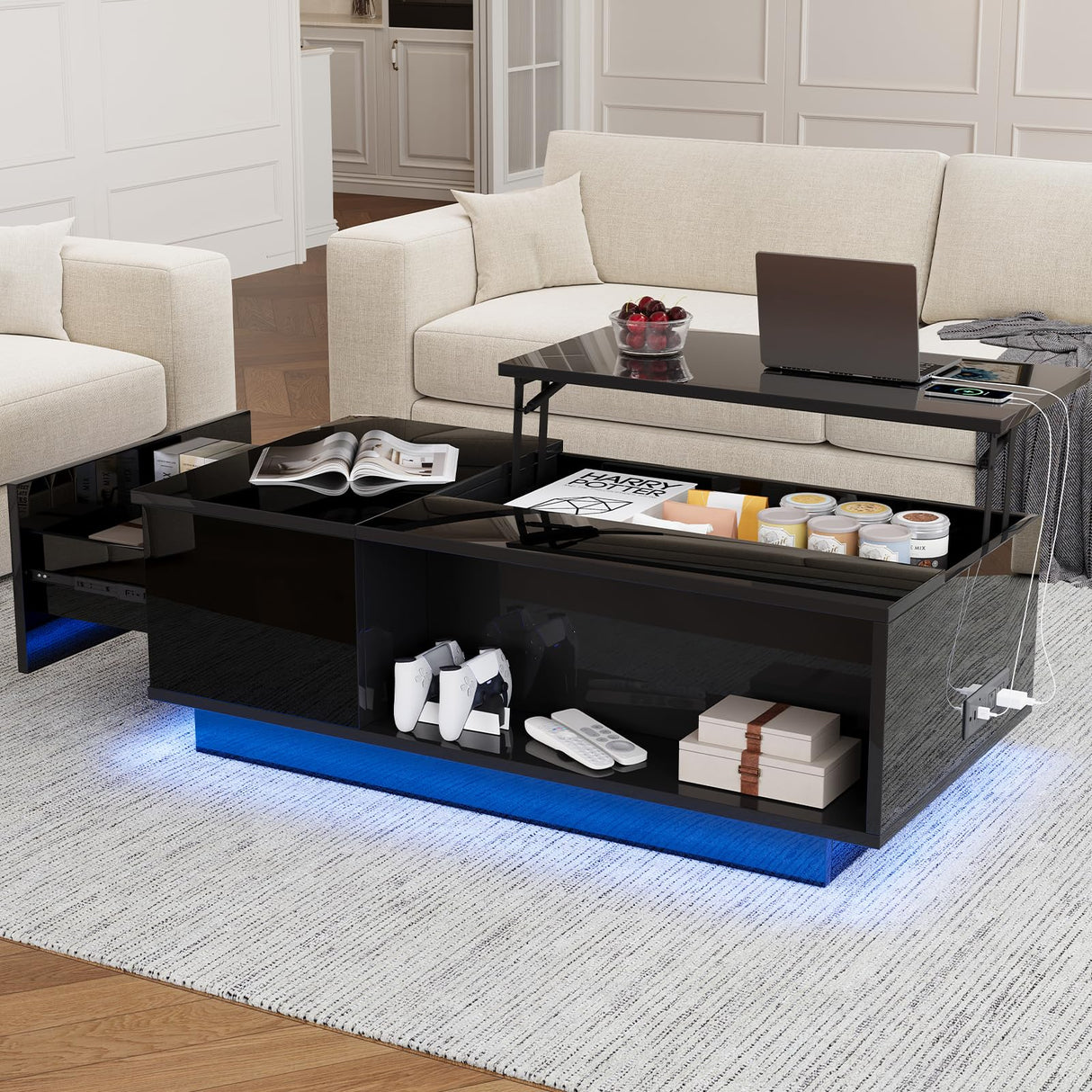 Buenhomino 47" Modern LED Coffee Table with Lift Top, All Black Coffee Table with Storage High Gloss Surface, Hidden Storage with Drawer, Open Shelves, and Built-in Power Outlet for Living Room Buenhomino