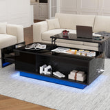 Buenhomino 47" Modern LED Coffee Table with Lift Top, All Black Coffee Table with Storage High Gloss Surface, Hidden Storage with Drawer, Open Shelves, and Built-in Power Outlet for Living Room Buenhomino