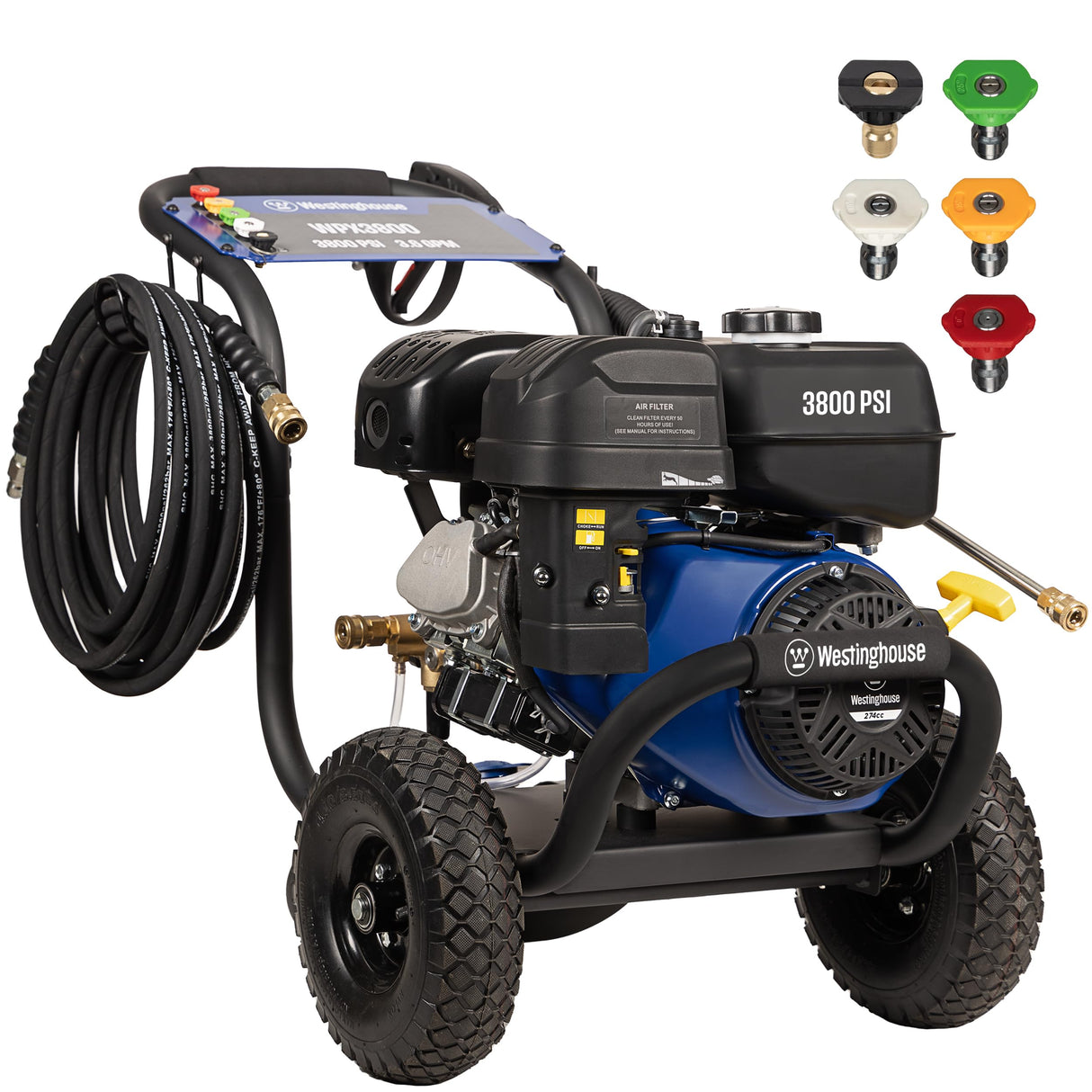 Westinghouse WPX3800 Gas Pressure Washer, 3800 PSI and 3.6 Max GPM, Onboard Soap Tank, Spray Gun and Wand, 5 Nozzle Set, for Cars/Fences/Driveways/Homes/Patios/Furniture, Black Westinghouse