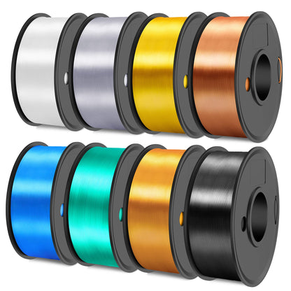 SUNLU 3D Printer Filament, 250G PLA Silk Filament Bundle, 1.75mm Smooth Silk Filament Muticolor, Neatly Wound Filament, 250G Spool, 8 Rolls, Black+White+Light Gold+Silver+Brass+Red Copper+Blu - WoodArtSupply