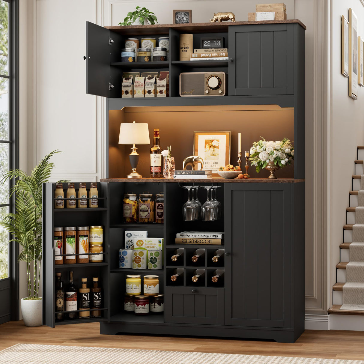 FINETONES 71" Pantry Cabinet with LED Light and Charging Station, Kitchen Pantry Cabinet with Microwave Stand, Kitchen Hutch Food Storage Cabinet with Outlet and Wine Racks, Black FINETONES