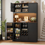 FINETONES 71" Pantry Cabinet with LED Light and Charging Station, Kitchen Pantry Cabinet with Microwave Stand, Kitchen Hutch Food Storage Cabinet with Outlet and Wine Racks, Black FINETONES