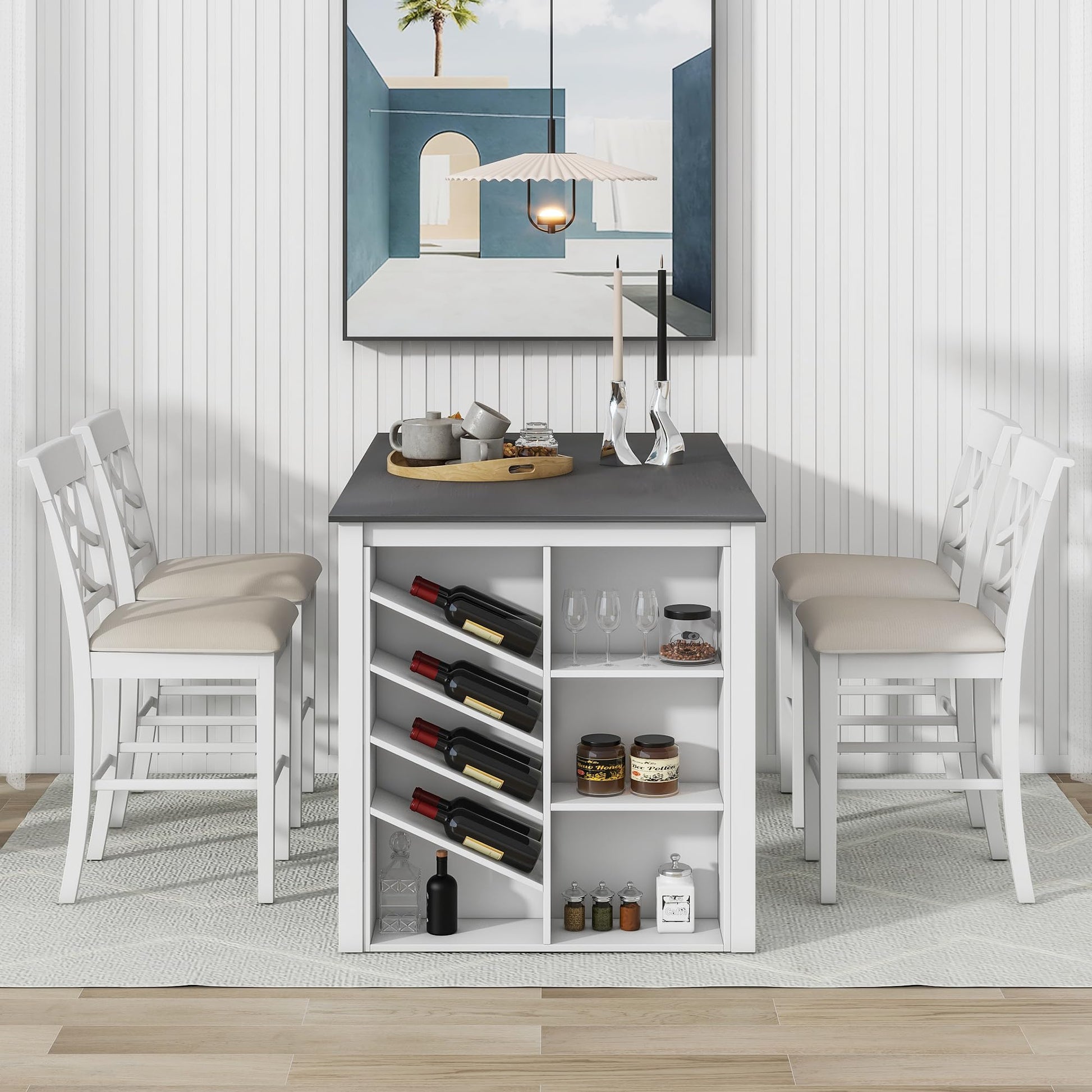 Harper & Bright Designs 5-Piece White Counter Height Dining Set with Wine Rack and Upholstered Chairs - WoodArtSupply