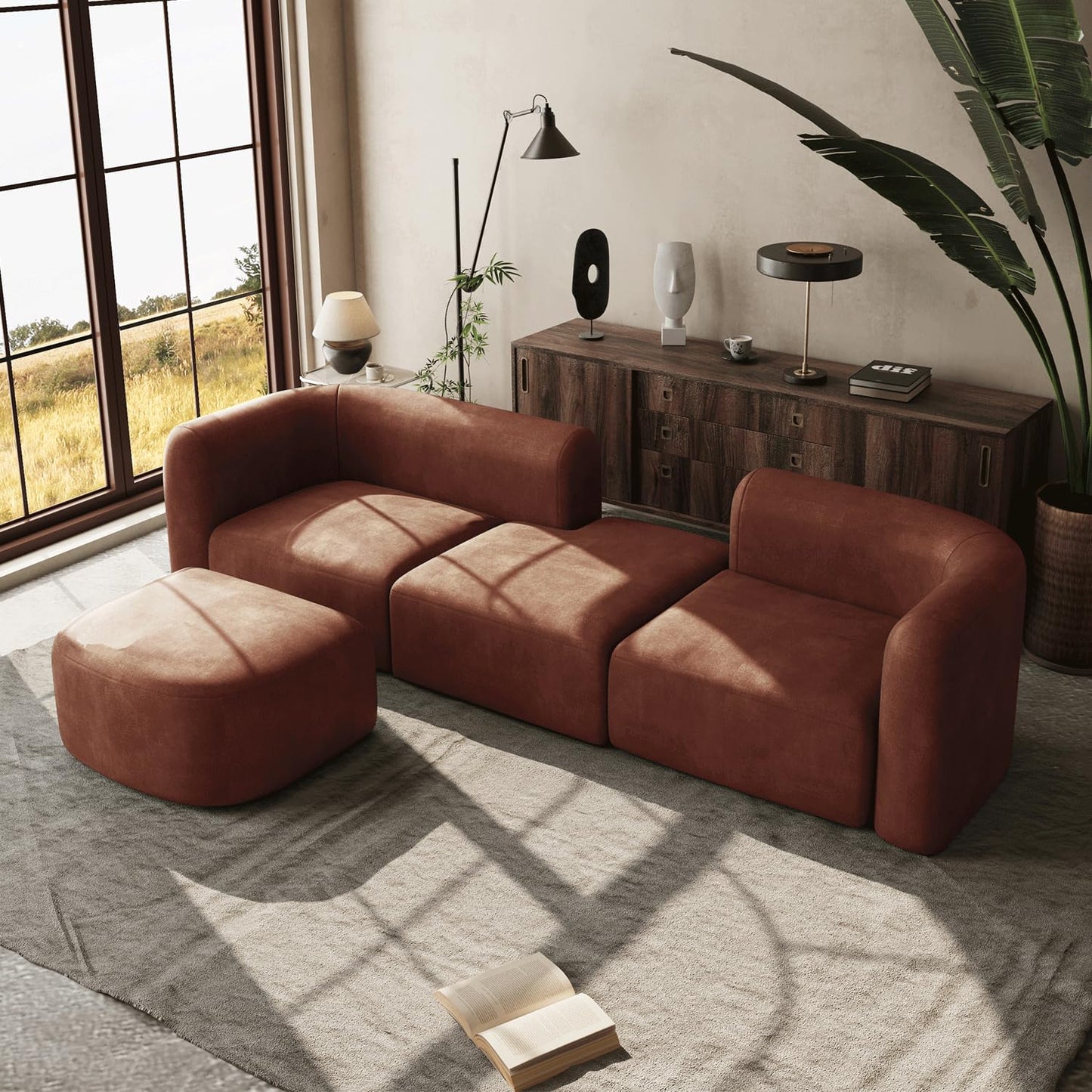 Acanva Luxury Modern Tight Curved Back Velvet Sofa, Minimalist Style Comfy Couch for Living Room Apartment, 4 Seater Modular Sectional, Tangerine