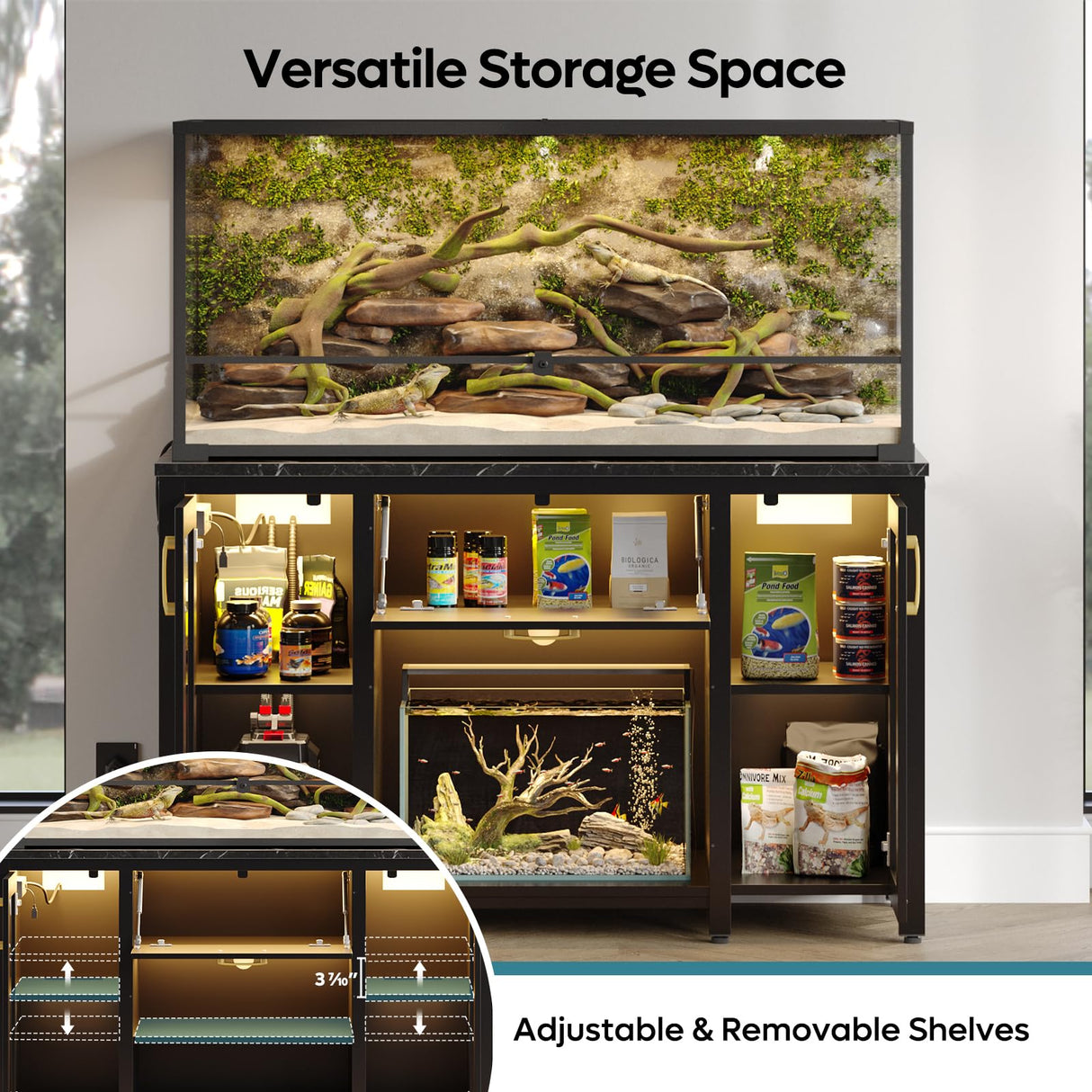 Bestier 55-75 Gallon Fish Tank Stand with Power Outlet & LED Light, 49.2"x13.8" Heavy-Duty Aquarium Stand with Storage, Dual Glass Cabinet, 8 Thicken Metal Legs, Suit for Reptile/Turtle Terrarium Bestier