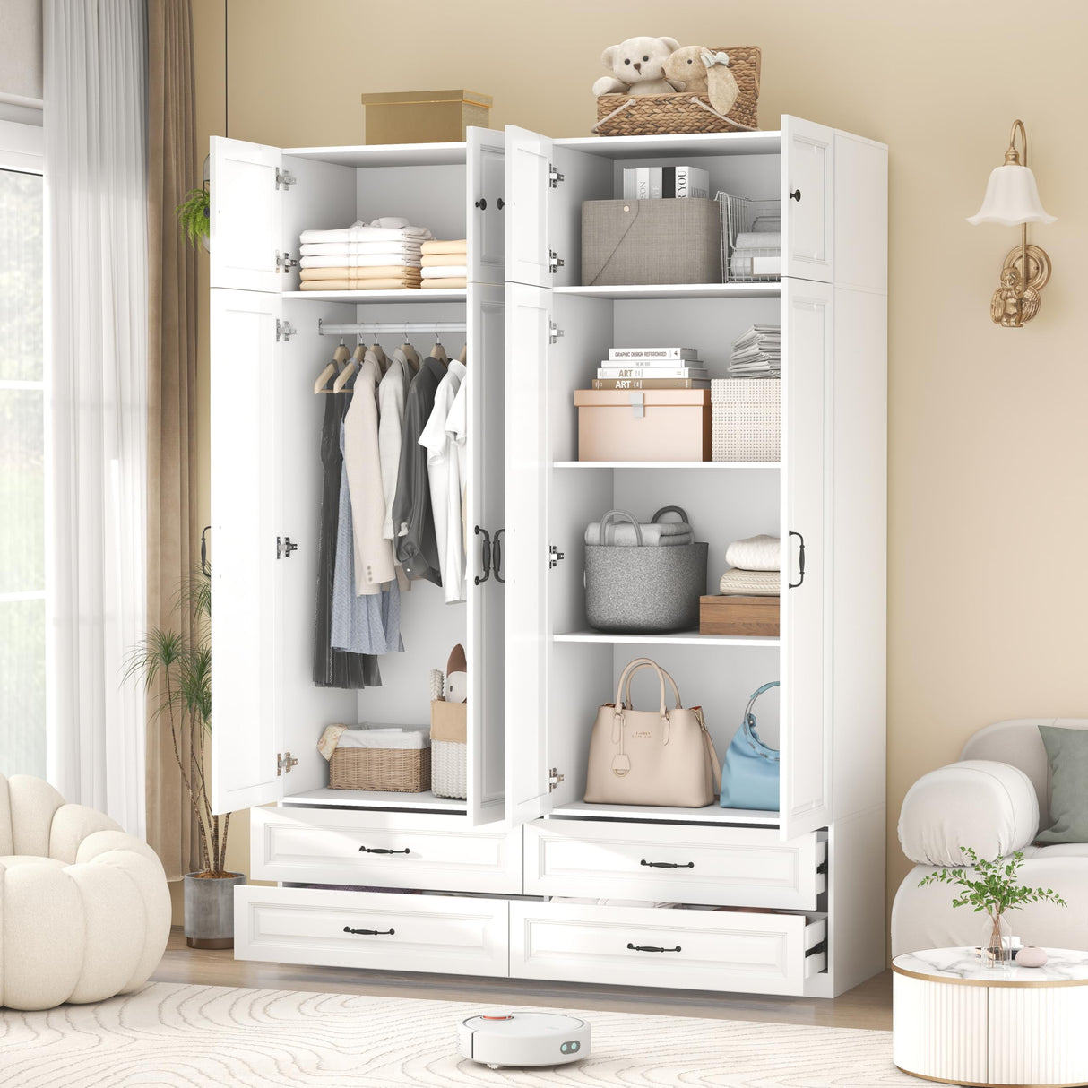 Mhsatyrs Armoire Wardrobe Closet with 4 Drawers: 88" White Bedroom Closet, Wood Wardrobe Closets with 4 Doors, Tall Armoire Cabinet and Storage Shelves for Clothing (63") Mhsatyrs