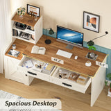 YOMILUVE 60'' Farmhouse Computer Desk with Drawers, Home Office Desk with Bookcase, Vanity Desk Writing Study Table with Storage, Antique White YOMILUVE