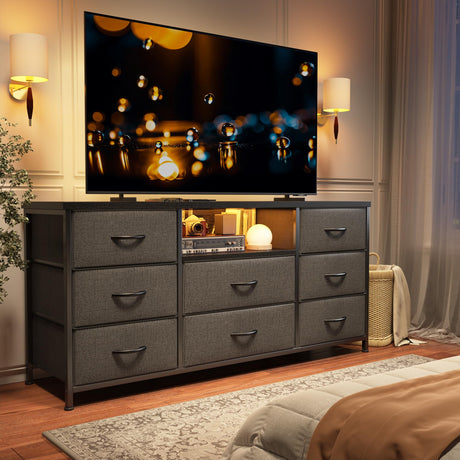 EnHomee Dresser TV Stand with Power Outlet Entertainment Center with 8 Fabric Deep Drawers Media Console Table for 55" TV Wide Storage Drawer Dresser for Bedroom, Living Room, Entryway, Grey EnHomee
