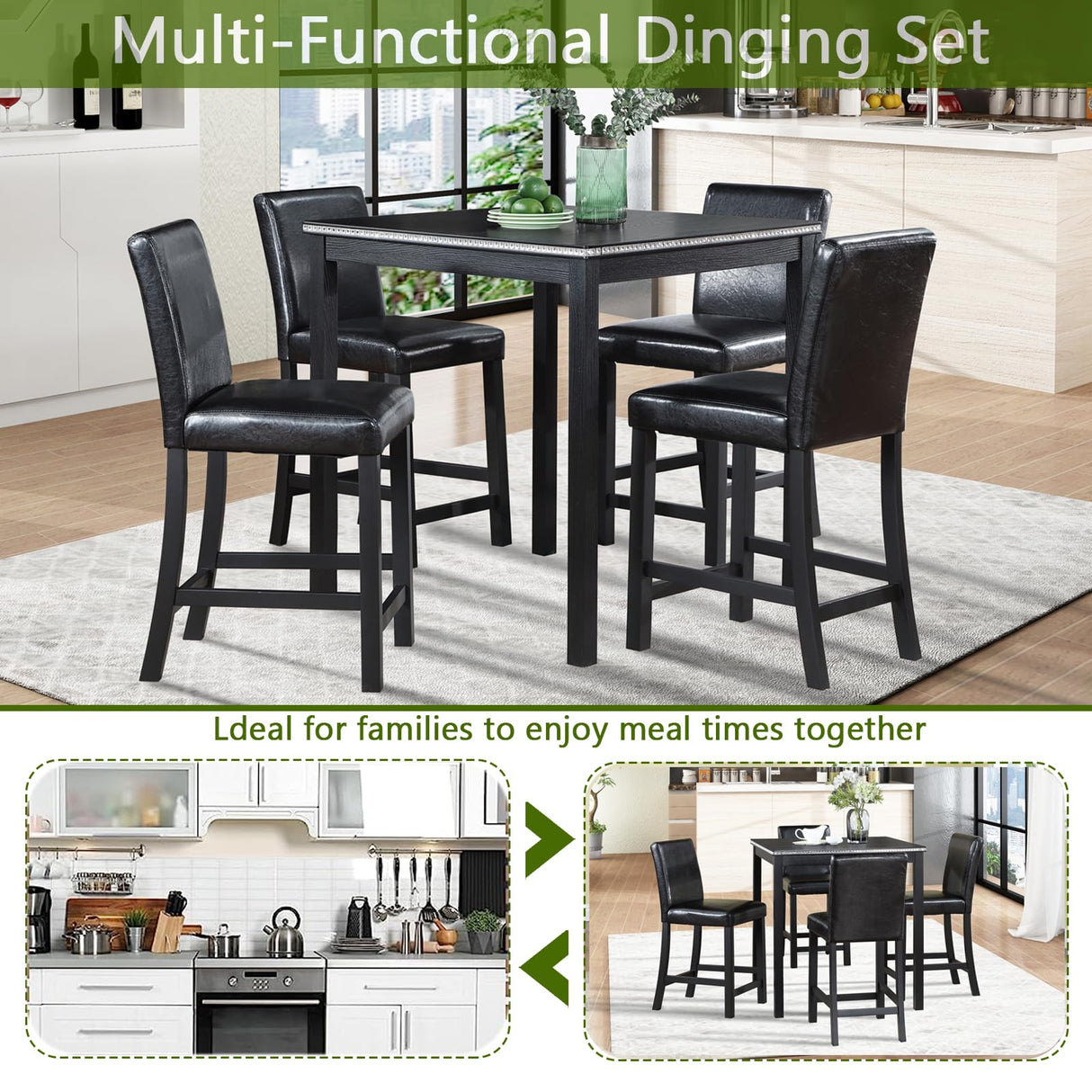 KEIKI 5-Piece Counter Height Dining Table Set with Square Table and 4 Upholstered Chair, for 4 Person, Classic Style Crystal Decoration Wooden Table Set, Easy Assembly, for Kitchen, Dining Room, Black KEIKI