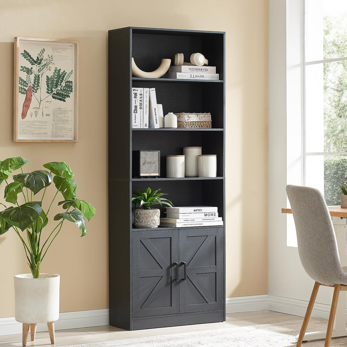 RWYHG 70in Tall Bookshelf 6 Tier Bookcase with Barn Doors and Adjustable Shelf, Black Farmhouse Book Shelves with Storage Cabinet,Wood Floor Standing Display Bookshelve for Bedroom,Living Room,Kitchen RWYHG
