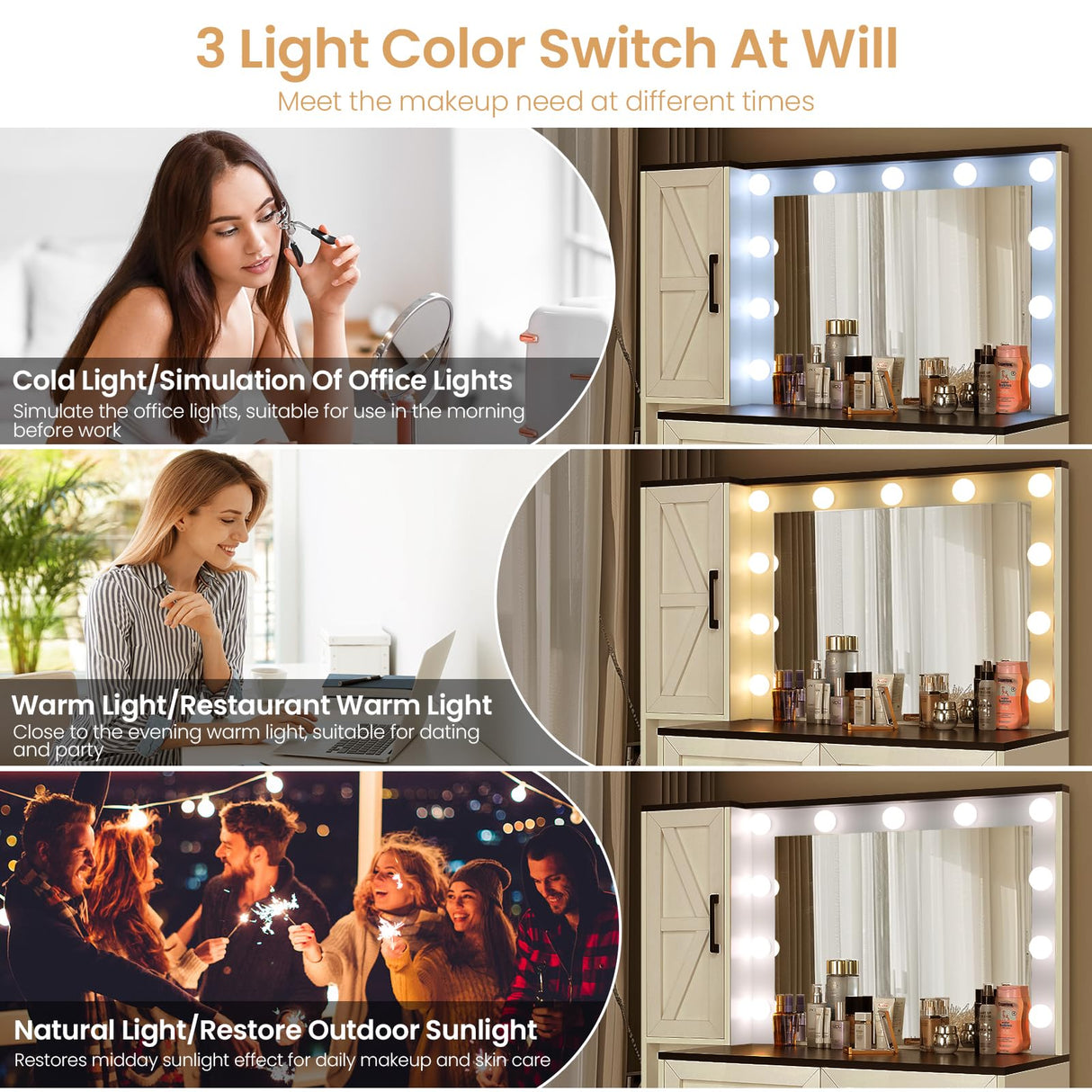 elifine Vanity with Lighted Mirror - Farmhouse Makeup Vanity Desk with 4 Drawers, 1 Cabinet and Power Outlet, 3 Color Lighting Modes Adjustable Brightness elifine