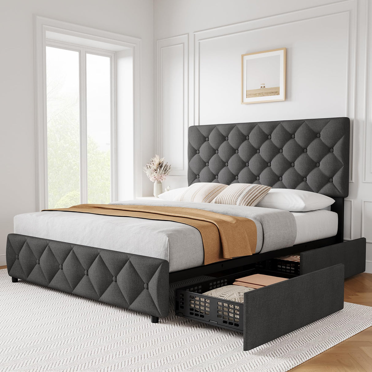GAOMON Queen Size Bed Frame with 4 Storage Drawers and Headboard, Linen Upholstered Platform Bed Frame, Diamond Stitched Button Tufted, No Box Spring Needed, Dark Grey GAOMON