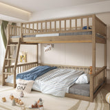 Merax Full XL Over Queen Floor Bunk Bed, Kids Bedroom Brown Wooden Bunk Bed Frame, Convertible to 2 Separated Beds with Trundle, Ladder & Guardrail for Teens, Wood Slat Support, Easy Assembly, Brown Merax