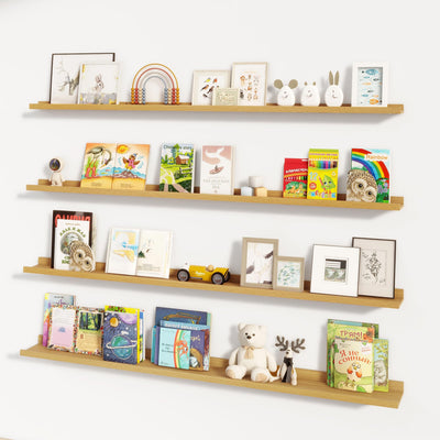FLYJOE Picture Ledge Shelf for Wall, 72 inch Nursery Book Shelves 4 Packs, Large Floating Ledge Shelves for Kid's Room Bedroom Bathroom Living Room Photo Frames Office Nursery Wall Decor, Natural Oak