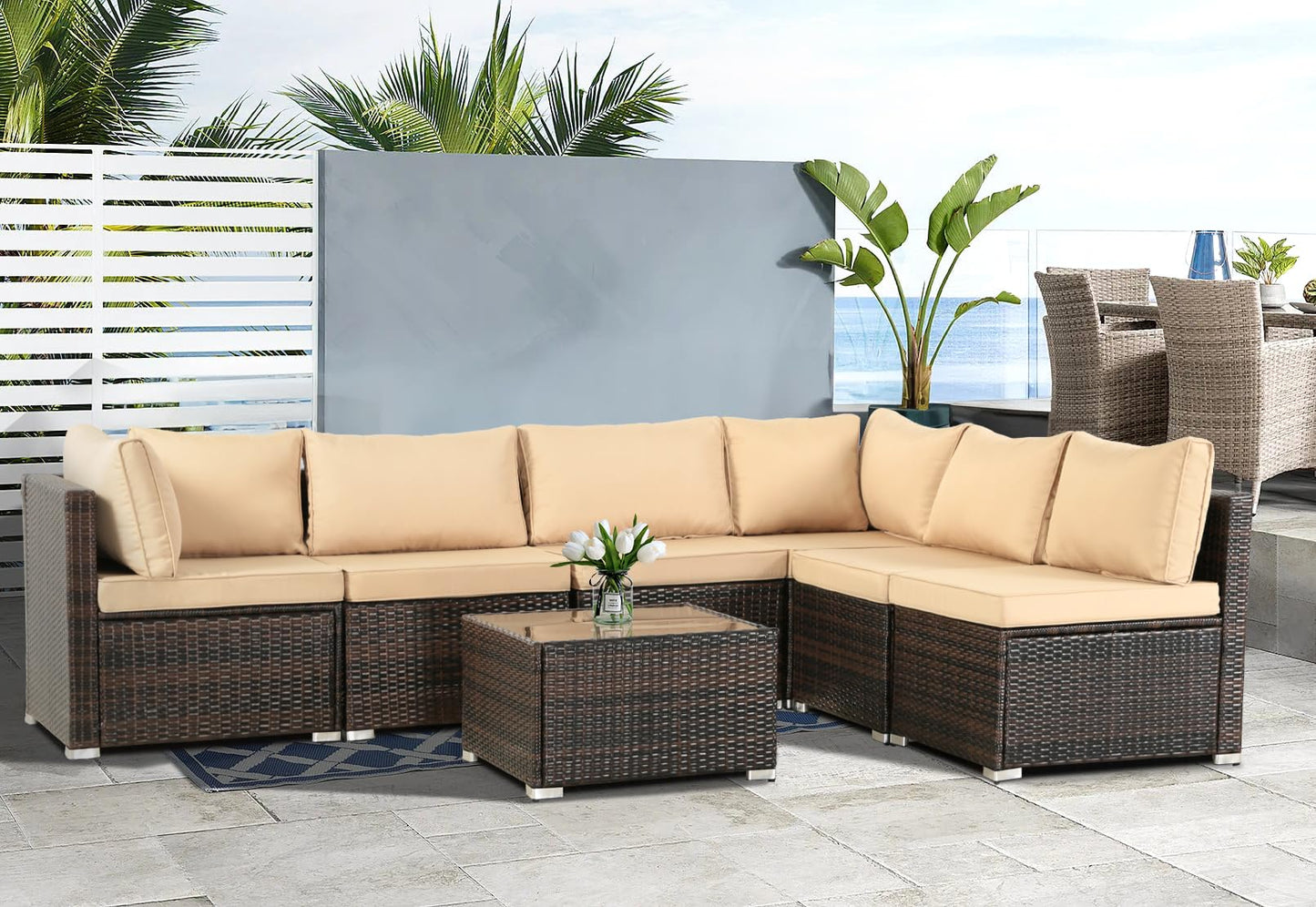 FHFO 7 Pieces Outdoor Patio Furniture Set Modular Patio Set Wicker Outdoor Sectional Sofa Set PE Rattan Patio Conversation Sets with Cushions & Coffee Table for Outside, Garden, Poolside, Porch, Khaki