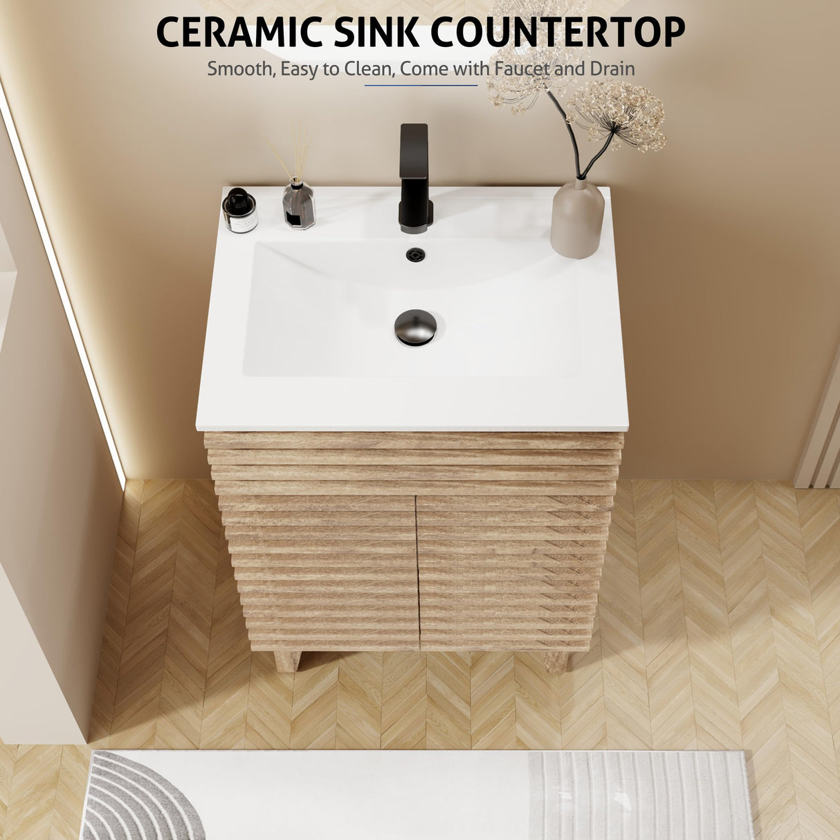 eclife 24" Bathroom Vanity with Sink Combo Mid-Century Freestanding Cabinet with Wood Stripes Decor, Adjustable Shelf, Undermount Sink Faucet Drain, Light Walnut eclife