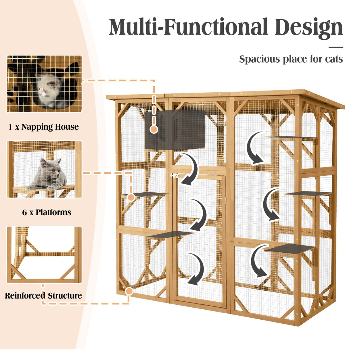 JOVNO Large Outdoor Cat House Catio Kitty Enclosure with Large Enter Door, Wooden Cat Cage Condo Indoor Playpen with 6 Platforms & Small House (Nature Wood) JOVNO