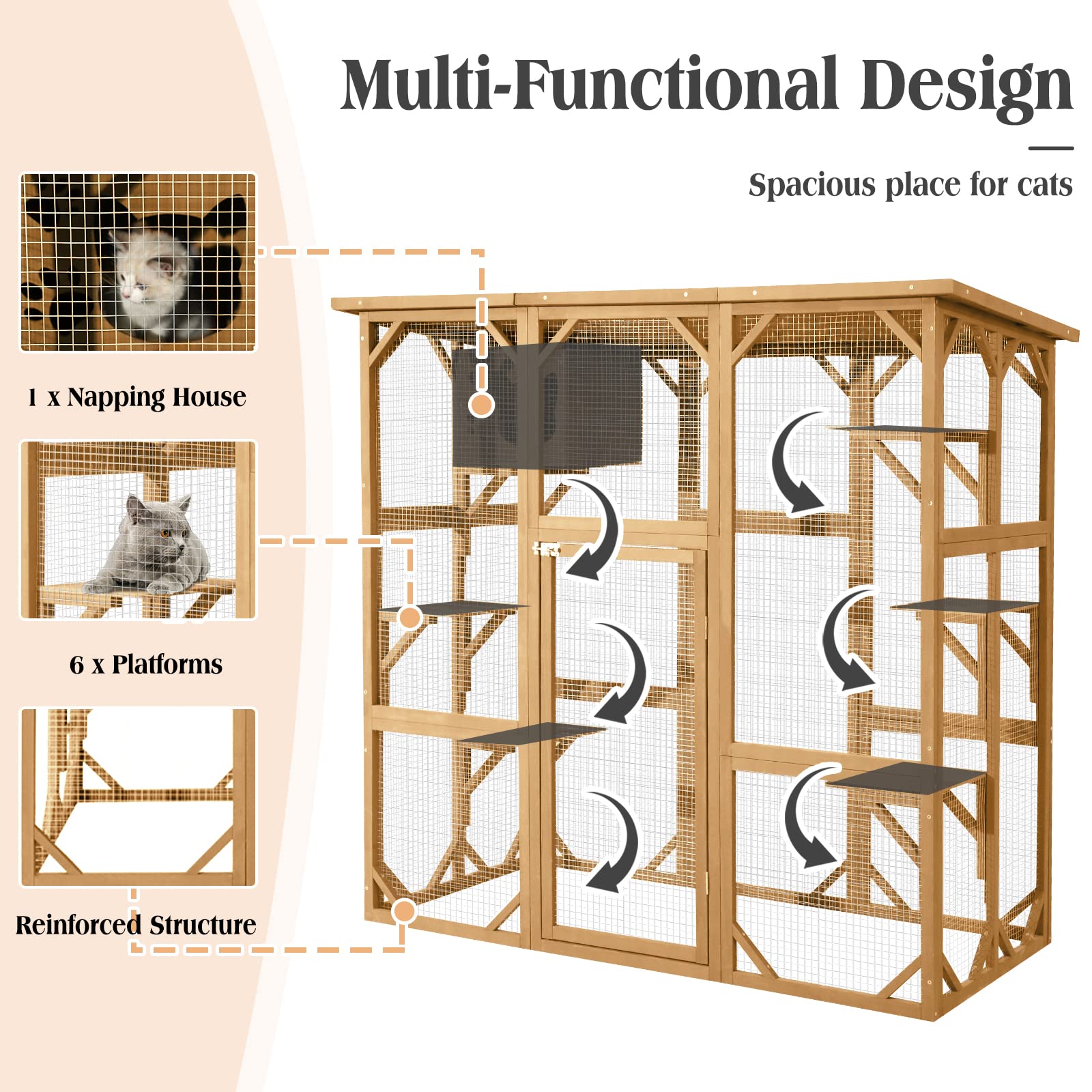 JOVNO Large Outdoor Cat House Catio Kitty Enclosure with Large Enter Door, Wooden Cat Cage Condo Indoor Playpen with 6 Platforms & Small House (Nature Wood) - WoodArtSupply