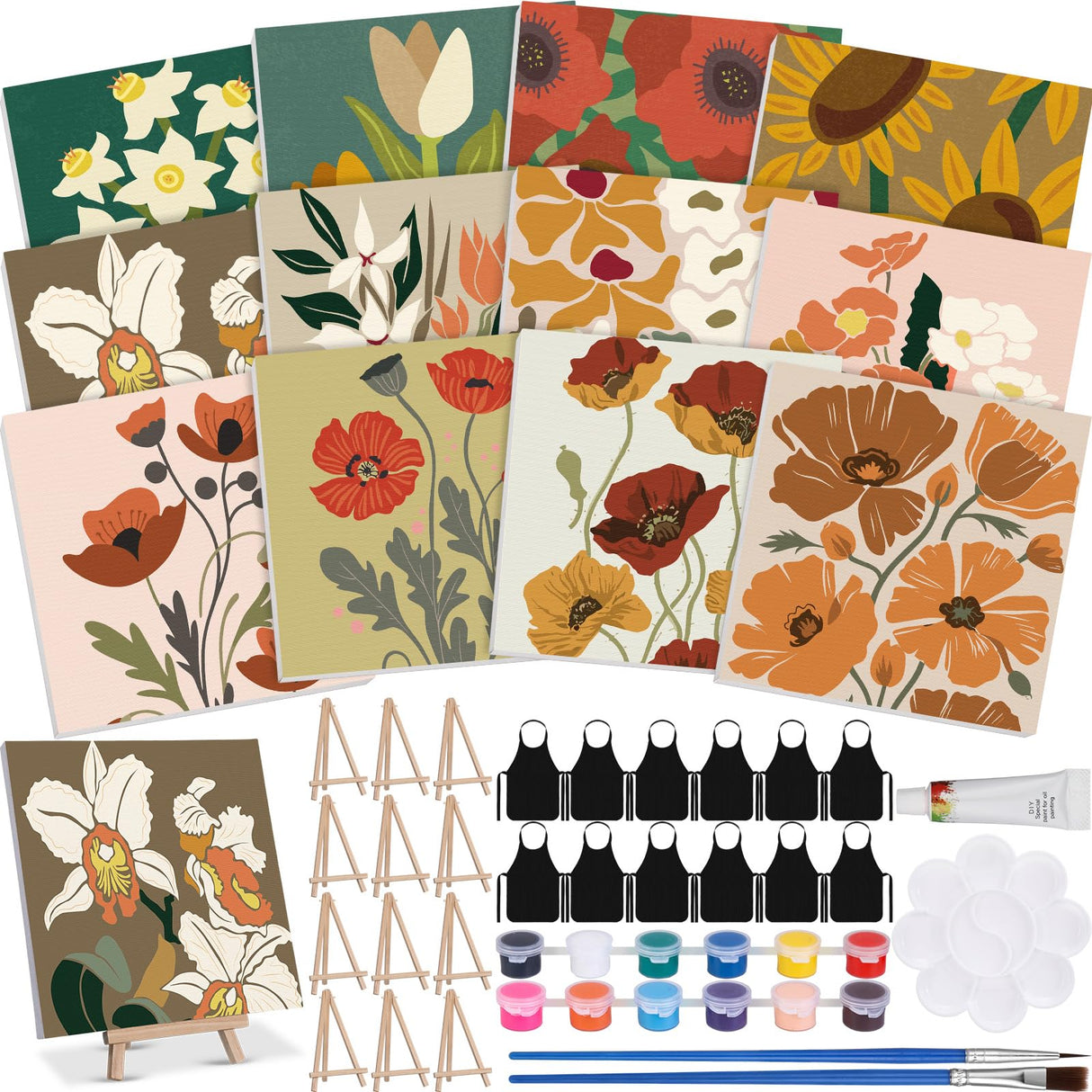 MotiMind 12 Sets Framed Paint by Number Kit for Adults with 12 Wooden Easels, 12 Disposable Apron, 12 Pigment 12 Brush, 12 Palette, DIY Acrylic Paint by Number Kits for Party(Flower) MotiMind