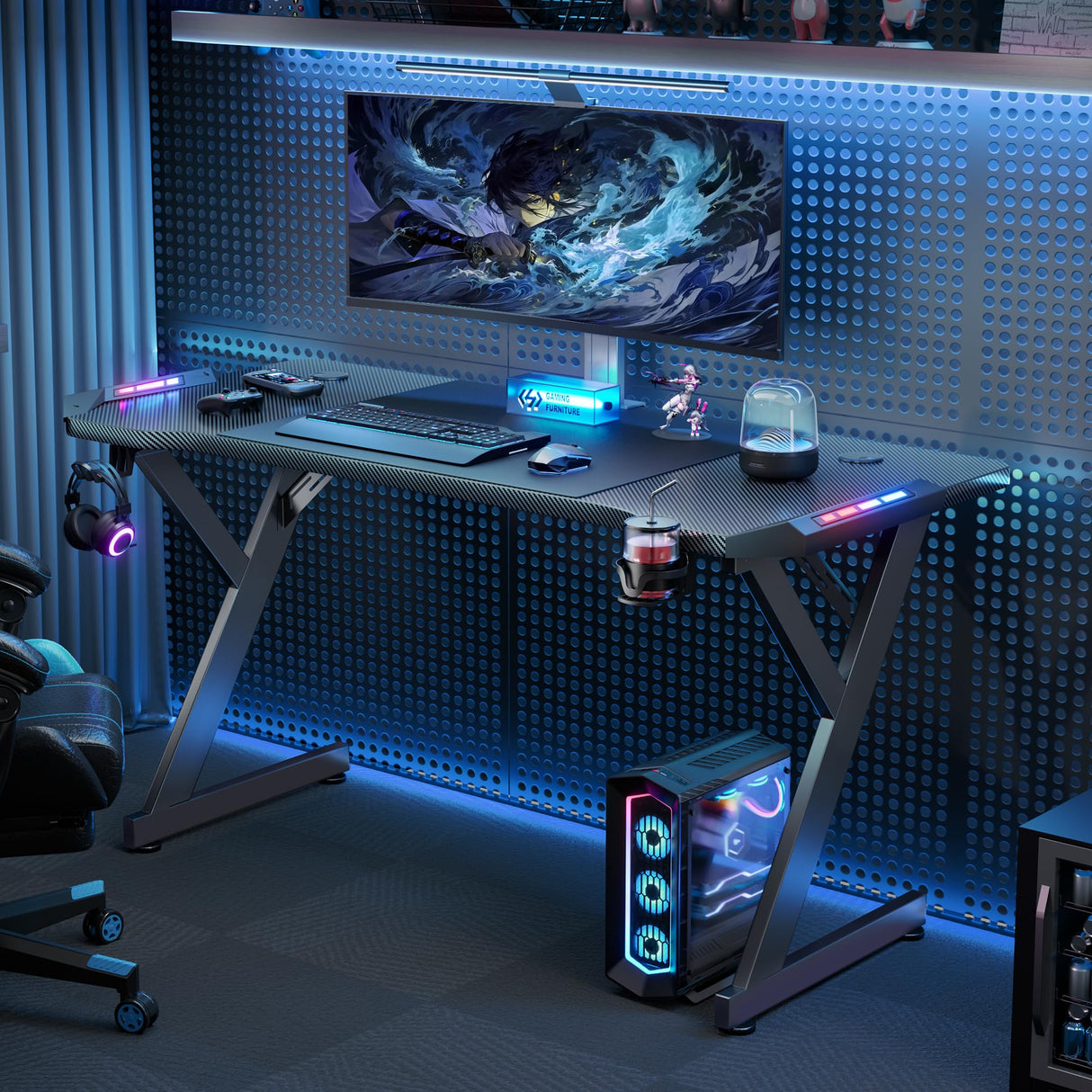 HLDIRECT 63 INCH Gaming Desk with LED Lights, Home Office Gamer Desk, Ergonomic Computer Table with Large Carbon Fiber Desktop, Office Workstation with Mouse Pad, Cup Holder & Headphone Hook, Black HLDIRECT