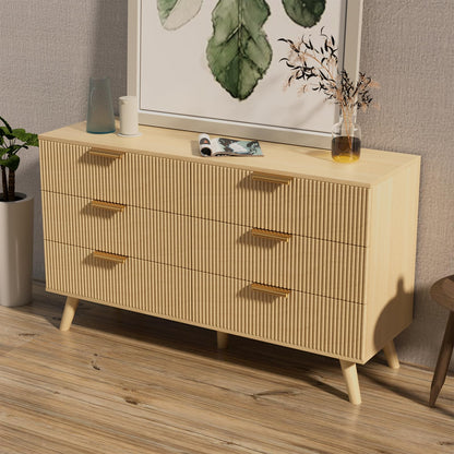 Buenhomino 6 Drawer Dresser for Bedroom, 47" Wide Modern Chest of Drawers with Fluted Design, Dresser TV Stand, Boho Storage Wood Dresser Organizer for Living Room, Hallway, Closet, Entryway Natural