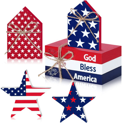 Blulu 5 Pcs Patriotic Table Decor Memorial Day Decorations 4th of July Tiered Tray Decor Wooden Star Sign God Bless America Faux Book Bundle for Independence Labor Day Home Tabletop Bookshelf