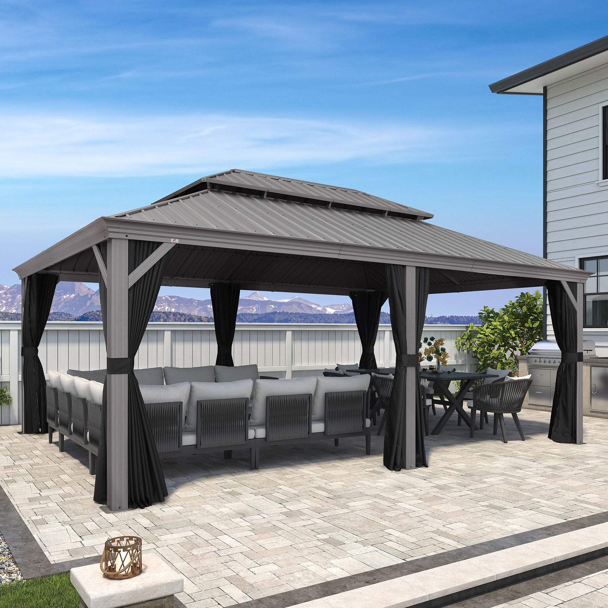 PURPLE LEAF 14' x 20' Outdoor Hardtop Gazebo with Netting and Curtains Galvanized Steel Double Roof and Aluminum Frames Permanent Wind Resistance Pavilion Gazebo for Patio Deck Garden, Light  - WoodArtSupply