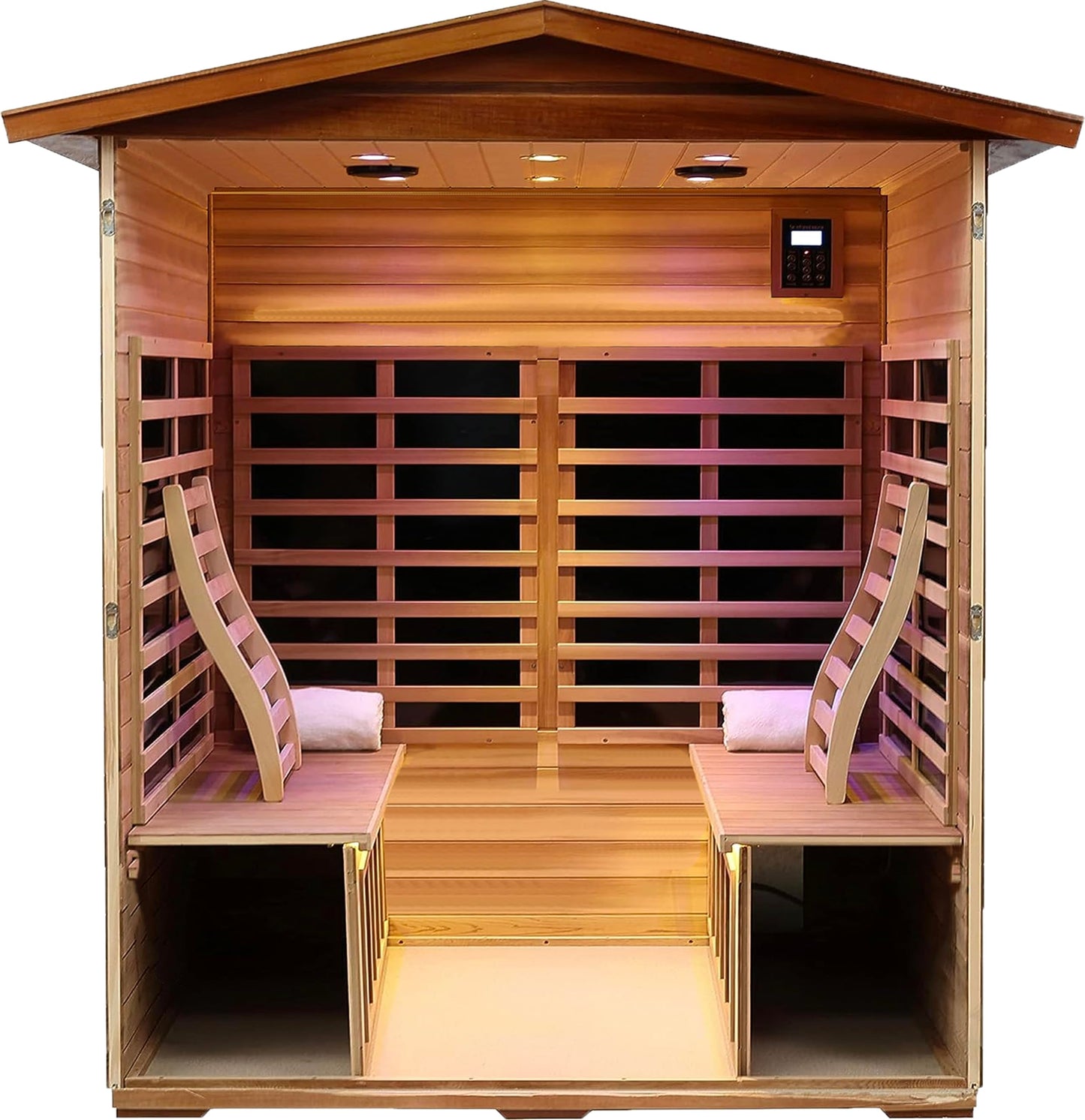 Outdoor Mahogany Ultra-Low EMF Sauna 4 Person Far Infrared Sauna for Home EMF average 0.5 mG, Withstand Outdoor Temp -10℉-149℉ Chromotherapy, Bluetooth Speaker (Freebie : Steam Sauna, Sauna Backrest)