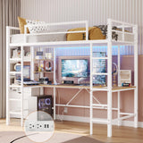 DICTAC Loft Bed Twin Size with U Shaped Desk and Led Lights Metal Twin Loft Led Bed Frame with Charging Station and Storage Shelves, Safety Guard & Ladder, No Noise,No Box Spring Needed, White DICTAC
