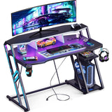 MOTPK Gaming Desk with Power Outlet & LED Lights, Gaming Computer Desk 47inch with PC Storage Shelf, Gaming Table with Carbon Fiber Texture, Gamer Desk, Gift for Boys Men, Black MOTPK