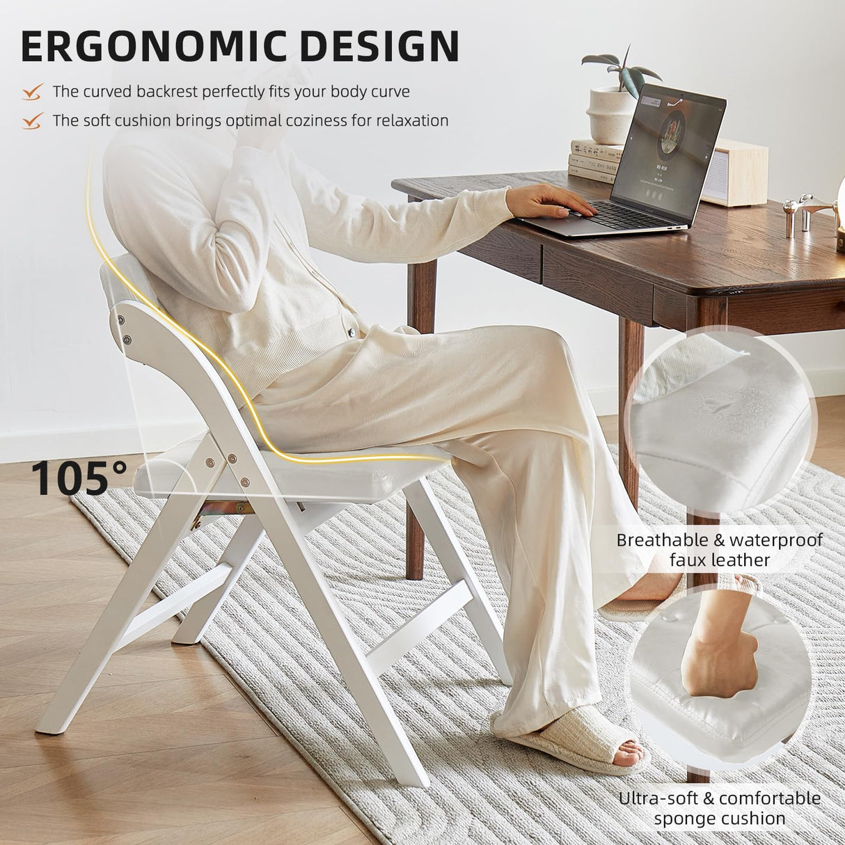 Asnefeli Wood Folding Chairs with Padded Seats, Wooden Folding Chairs Set of 2, Foldable Dining Chair with Cushion, Stackable Extra Chair for Indoor Outside Events, Party, Wedding (White Gray) Asnefeli